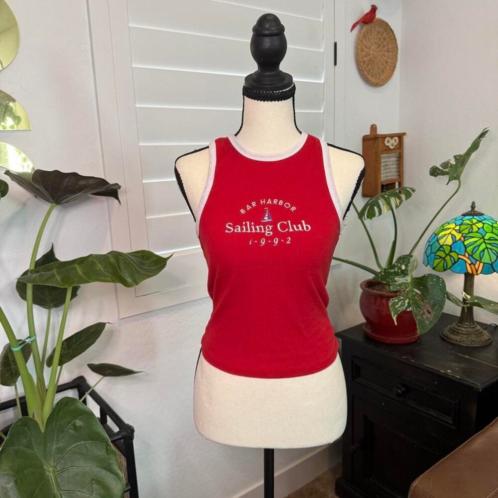 Y2K Red Bar Harbor Sailing Club Ribbed Ringer Tank Top Coastal Preppy